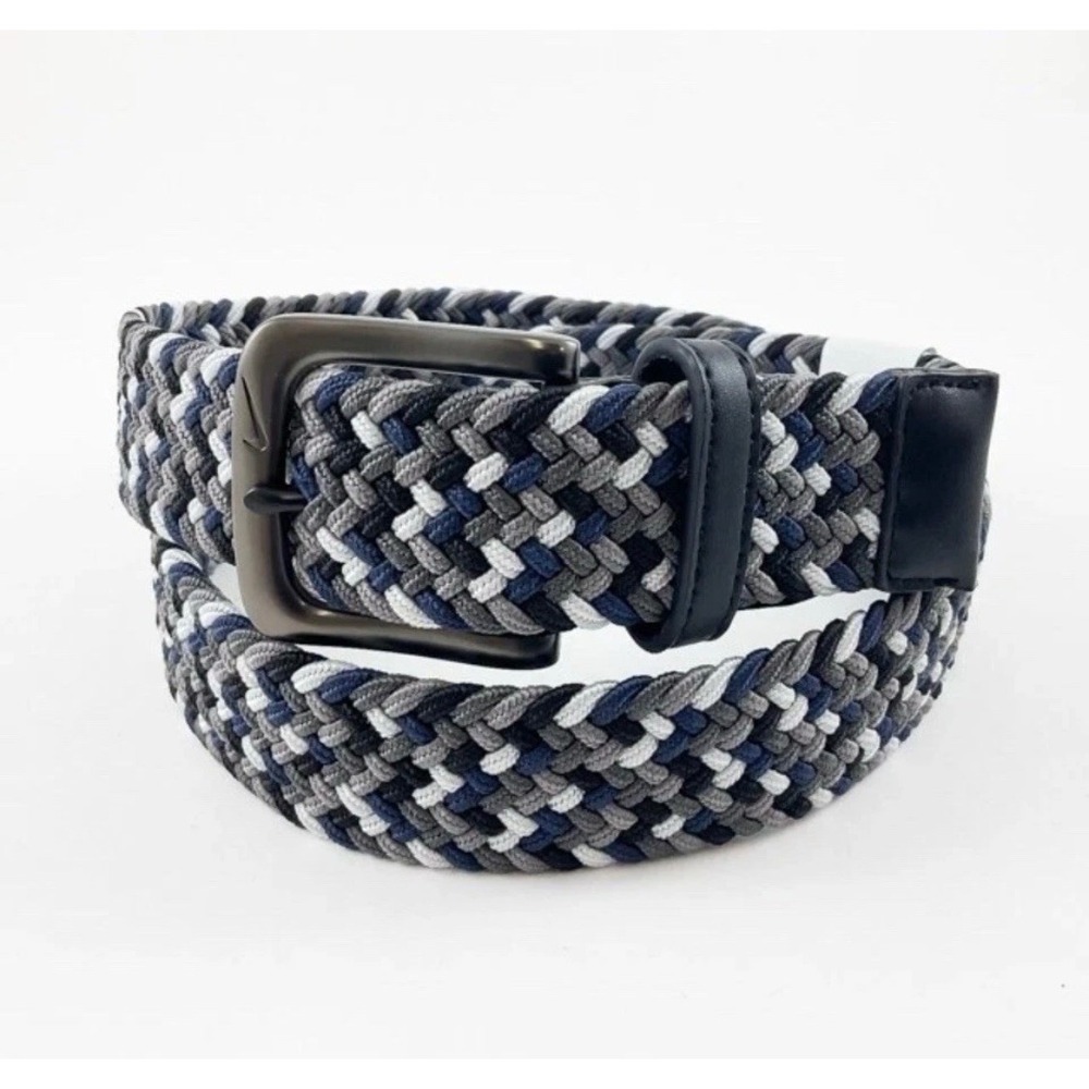Nike‎ Braided Stretch Belt Men XL 42-44 Grey Navy White Woven Golf Performance - Picture 4 of 8